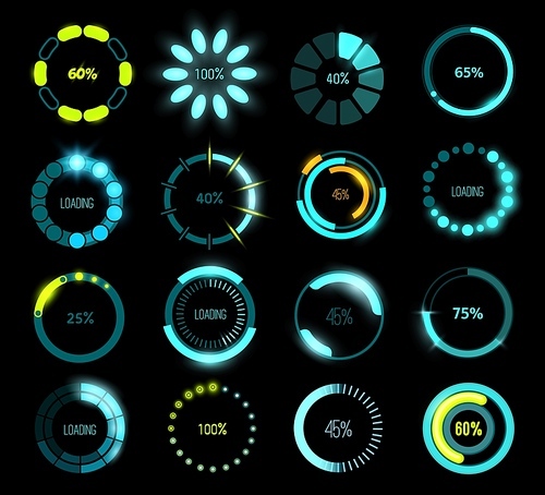 HUD futuristic loading bars, game or program UI interface. Vector circular progress bars with glowing loading scales and percentage indicators, future loading technology bars of head up display