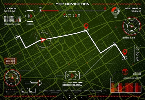 HUD navigation interface. Control of hazard, city map navigation screen. Vector digital dashboard with location arrow and red pins on route, graphs, charts and infographic graphs on green field