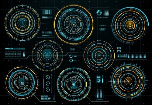 HUD futuristic circular interface screen panels, sci-fi web interface, business infographic visual data. Vector aim or navigation optical round aiming, spaceship dashboard neon glowing elements set