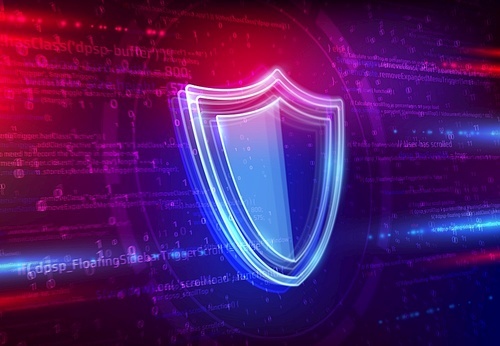 Cyber security technology. Cloud storage and big data protection vector background with shield or protective screen, programmer and binary code. Firewall, internet antivirus defense, account privacy