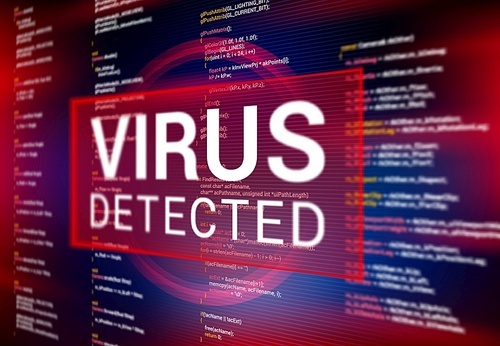 Virus detected warning alert message on computer screen. Hacking attack, spyware and malware program, malicious software, trojan danger background with program code line, threat warning notification