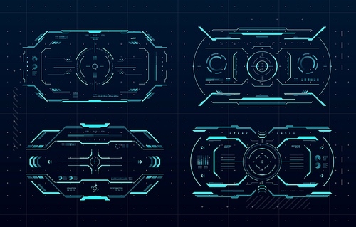 HUD aim control frame interface, futuristic target screen of Sci Fi game ui or gui. Digital monitors with vector hologram crosshairs, neon viewfinder borders and menu bars, future technology