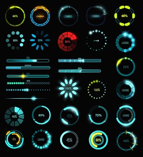 Loading process and status bar icons, HUD interface. Vector dashboard elements, Sci-Fi digital futuristic technology neon glowing ui navigation for game menu design or web site data load processing