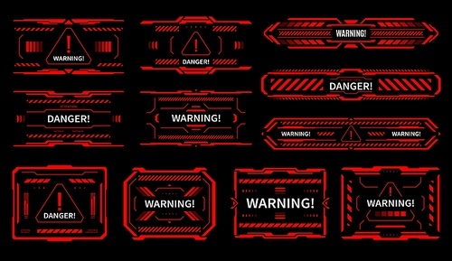 HUD danger and alert attention red interface signs. Vector warning messages and caution text boxes of Sci Fi game ui or gui, head up display futuristic hologram pop up windows with exclamation symbols