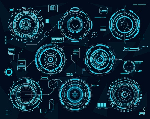 HUD futuristic circular interface. Visual data vector graphs, Sci Fi web panels, technology. HUD infographic elements with digital chart or virtual display dashboard controls, aim target