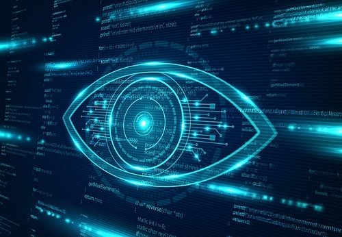 Cyber spy technology, virtual eye of internet control surveillance and digital invigilation vector background. Cyber espionage and global security, futuristic tracking and online surveillance
