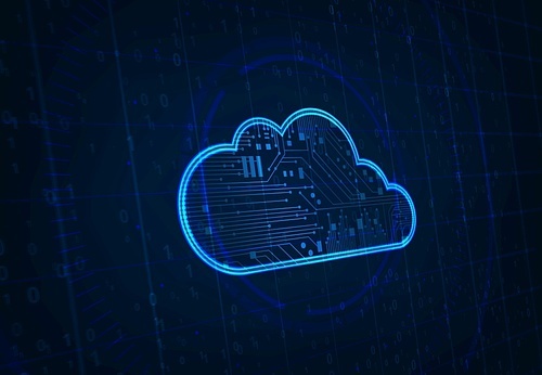 Cloud network, data storage and backup background. Online datacenter hosting, information web storage and data transfer software backdrop with neon blue cloud, binary code and motherboard tracks