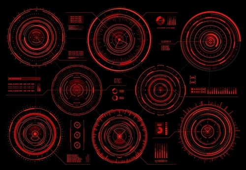 HUD circular interface screen red warning and danger panels. Sci Fi web interface elements, vector visual data diagrams or military radars, spaceship navigation system screens glowing red in darkness