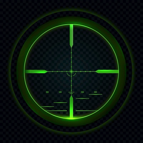 Sniper scope night vision, sight view target. Isolated vector crosshair of gun with green neon glow. Realistic 3d weapon zoom, military optical focus, viewfinder bullseye frame with cross aim dot