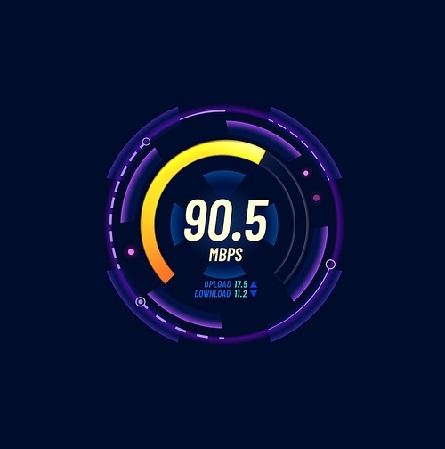 Internet bandwidth test, network speed meter or connection signal level indicator. Web data upload or download speed futuristic dial, Wi-Fi strength checkout service neon gauge or interface icon