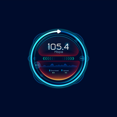 Internet speed futuristic meter. Network bandwidth indicator, Wi-Fi signal strength dial display or web connection, data download and upload Mbps speed test digital circle interface with speed graph