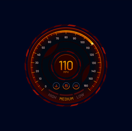 Futuristic car speedometer gauge dial, vector car dashboard LED speed meter. Car speedometer with orange neon gauge for mph, fuel and engine or battery indicators, digital auto tachometer panel