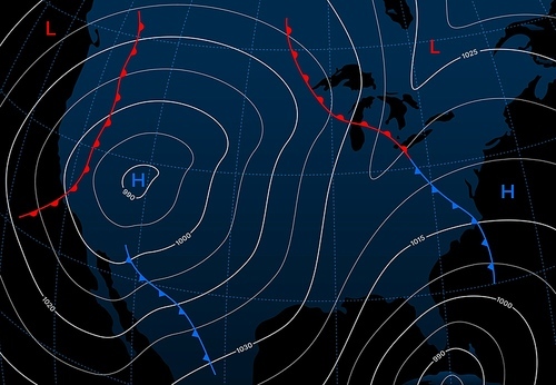 Forecast weather isobar map, meteorology wind front vector diagram. Synoptic chart of surface weather analysis with atmospheric pressure isobars, temperature isotherms and cold front boundary