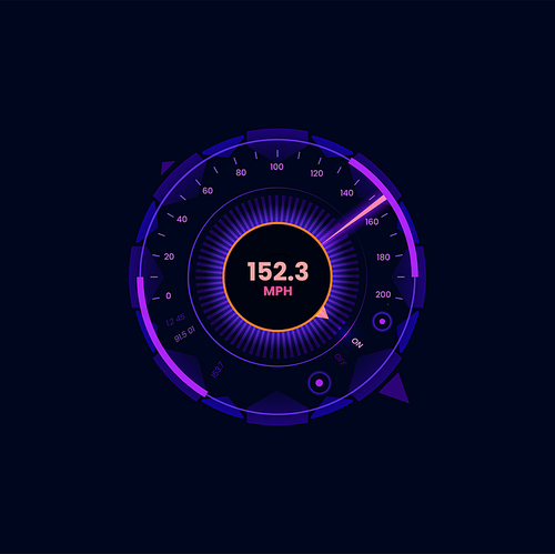Car futuristic speedometer gauge dial. Motorcycle speedometer display or automobile odometer neon vector scale or violet color digital interface. Vehicle speed meter counter with MPH data and arrow