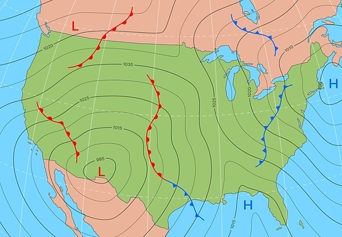 Forecast weather isobar map of USA states, wind front and temperature vector diagram. Meteorology climate and weather forecast isobar of America US with cold cyclone and atmospheric pressure chart