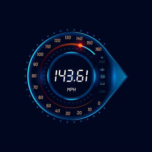 Futuristic car speedometer digital gauge dial. Auto speedometer neon vector gauge, vehicle speed meter circle scale or tachometer futuristic neon display with MPH info and engine servicing icons