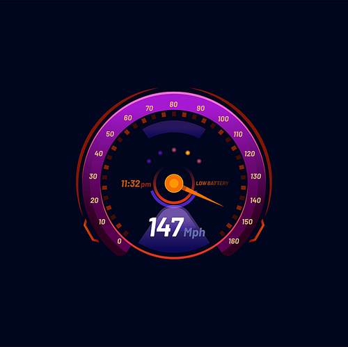 car futuristic neon speedometer dial gauge. Auto or motorbike speed meter neon interface, isolated tachometer futuristic round scale or vector odometer future counter with MPH data and violet gauge