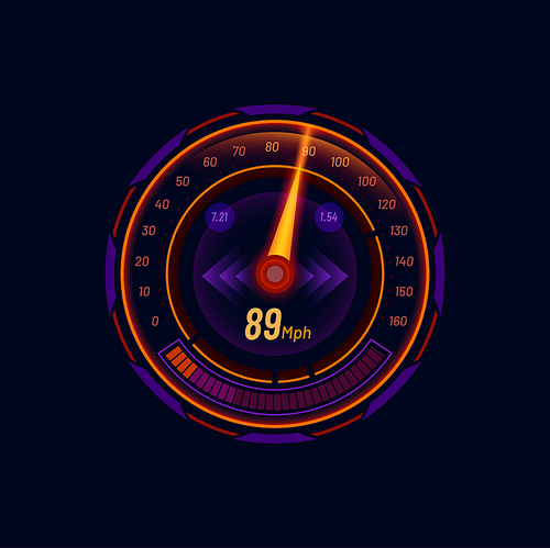futuristic car speedometer gauge dial with MPH scale and arrow. Modern vehicle dashboard speed meter vector led indicator. Automobile digital tachometer, car speedometer futuristic neon display