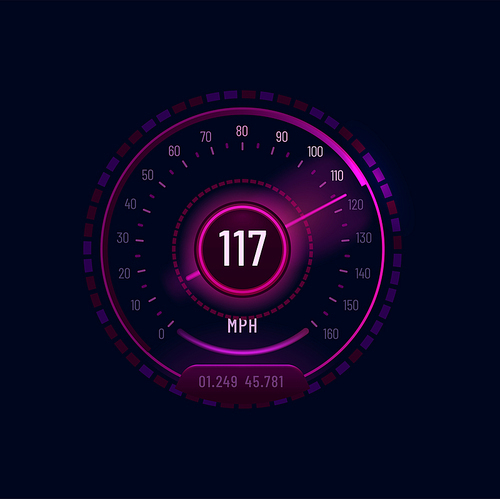 Futuristic car neon speedometer gauge dial. Vehicle odometer indicator, motorbike or automobile speed meter vector counter or speedometer display with violet gauge scale and glowing neon arrow