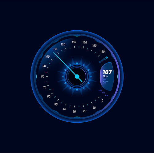 Futuristic car speedometer gauge blue dial. Vehicle tachometer, automobile dashboard futuristic speed meter vector scale with MPH info, glowing arrow. Speedometer digital display, odometer indicator