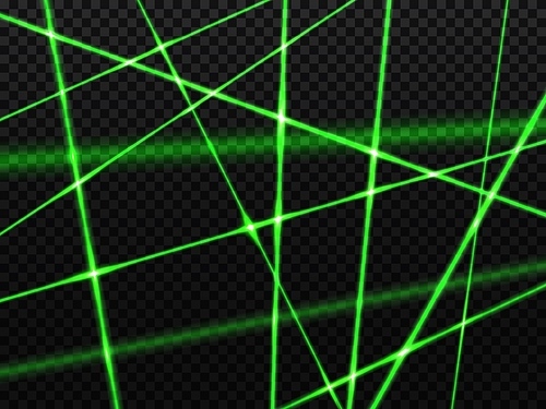 Crossed green laser beam lights, kryptonite neon lines of glow flares, vector black transparent background. Green laser beams and lime light rays for disco or shine burst effects, laser blast flashes