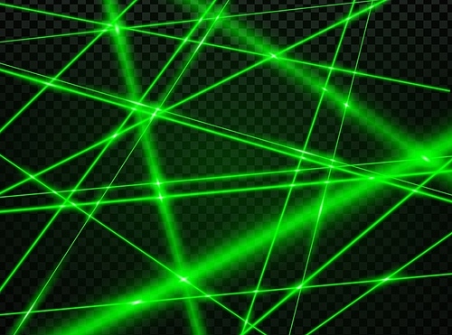 Crossed green laser beam lights. Abstract vector background with neon glowing rays. Night club illumination, bank security protection net, laser lines and flare flash on transparent backdrop