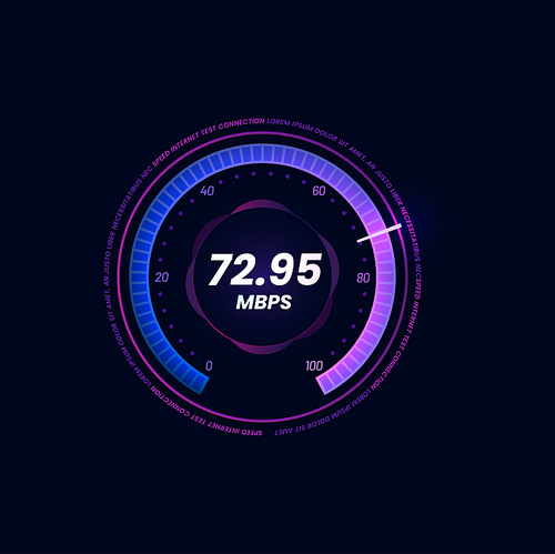 Internet speed meter futuristic dial, WI-FI signal strength neon indicator. Internet download or upload Mbps speed test, network bandwidth level digital vector display with violet gauge and arrow