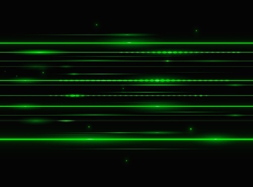 Green laser beam lights. Vector horizontal lens flare lines. Glowing rays on black background. Luminous abstract sparkling streaks, energy motion, magic burst, security technology