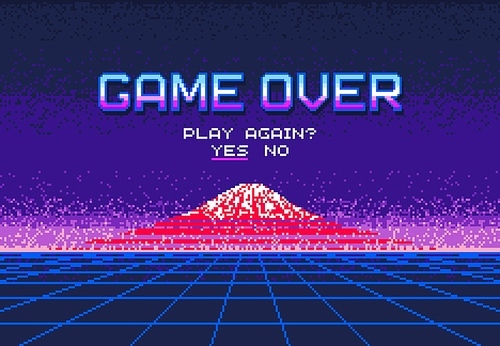 Pixel art video game over screen. Mount Fujiyama. Play again question, 8bit arcade or old console final menu pixel background, vintage videogame user failure, player death display vector interface