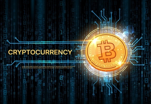 Bitcoin crypto currency banner. Cryptocurrency wallet backdrop or wallpaper, bitcoin mining vector background or banner. Electronic money token cover with golden coin, motherboard track, binary code