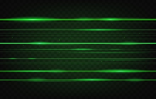 Green laser beams background, neon light rays and glow lines on black, vector light flash effect. Green laser beams and light rays, digital energy sparkles and galaxy shine on transparent background