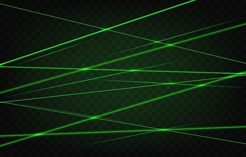 Green laser beams and lights realistic background. Security system scanner laser rays, science tech and disco illumination realistic vector light effect with glowing neon green light crossed beams