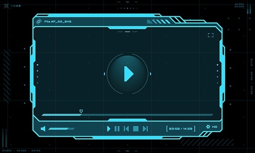 HUD video player screen interface and UI frame, vector futuristic template for live stream play. HUD video player hologram screen with buttons overlay, web movie or online video stream window panel