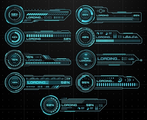 HUD futuristic loading bars, Sci Fi user interface and digital technology, vector screen UI. HUD game loading bars and future tech process load or data donwload dashboard with status holograms