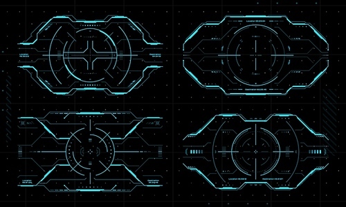 HUD aim control target frames, UI interface of digital futuristic technology, vector viewfinder screen. HUD aim control target borders for cyber space game or dashboard display with virtual hologram