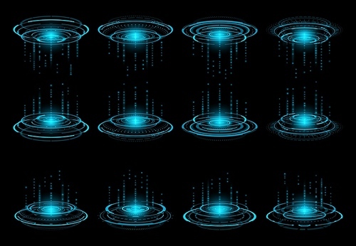 Hud futuristic circular virtual portals. Virtual laser podium hologram, glowing neon blue portal or game UI element, vector round teleportation rings. Sci-Fi warp or digital data transfer concept
