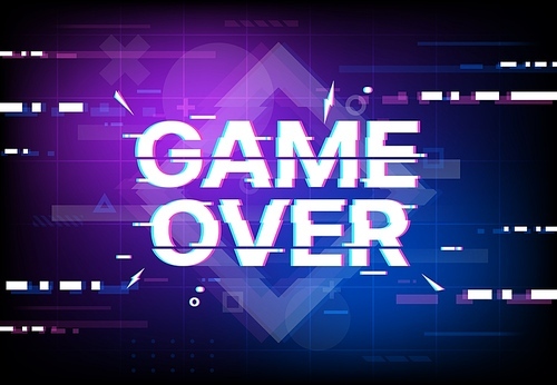 Game over screen glitch background. Vector vintage poster with digital glitched color pixel noise on display. Computer game defeat, blue and purple neon glowing noisy distortion and abstract stripes