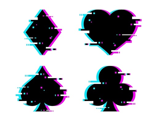 Casino poker card glitch suits, vector gambling game. Black heart, spade, club and diamond suits of blackjack or poker playing cards deck with glitch effect, tv screen or digital pixel noise texture