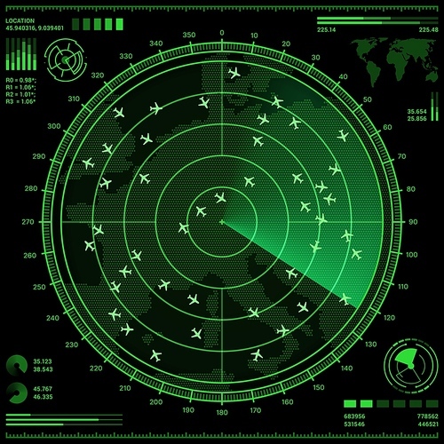 Air control radar screen with airplanes and world map. Vector HUD ui of air traffic control system, plane navigation and flight tracking digital display futuristic interface with green radar scan