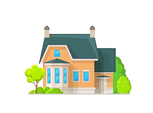 Residential neighborhood, suburban two-storey house building with classic exterior, vector facade. Family house mansion or villa apartments and townhouse dwelling, residential real estate architecture