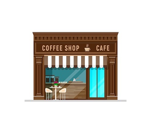 Coffee shop building, isolated cafe or restaurant. Coffee house front facade or bistro cafeteria vector exterior with vintage awnings, summer terrace table and chairs, storefront with cups and pots