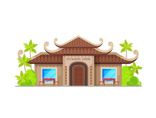 Vietnamese cuisine restaurant building icon. Asian food cafe or restaurant cartoon vector facade with hip and gable roof, outdoor seating and palm trees. Vietnam architecture city street building