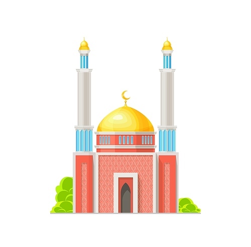 Muslim mosque building isolated vector icon of Islam religion architecture, muslim prayer house. Arab church, temple or masjid, gold domes, crescent moon and minaret towers with islamic ornaments