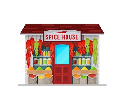 Spice house shop building, seasonings and herbs. Vector asian bazaar stall with cartoon condiment jars, dried plants. Traditional oriental market, store with exotic herbs isolated on white