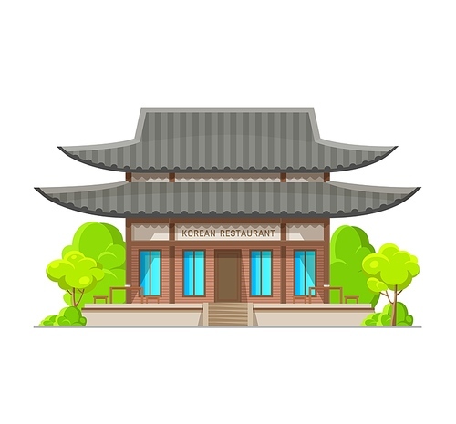 Korean cuisine restaurant building icon, Asian food place architecture, vector. Korean cuisine cafe or authentic dining restaurant facade with oriental bistro entrance and garden trees on terrace