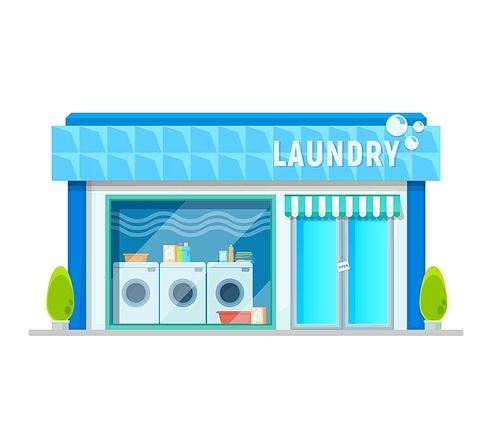 Laundry service building, laundromat or washing shop vector icon. Clothes cleaning room and laundry washing store with washers and dryer machines, business and commercial architecture