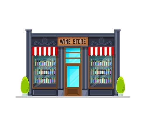 Wine store building, vector store front with alcohol bottles on shelves and canopy over window, glass door and signboard. Isolated storefront facade graphic design. Alco winery, market house exterior