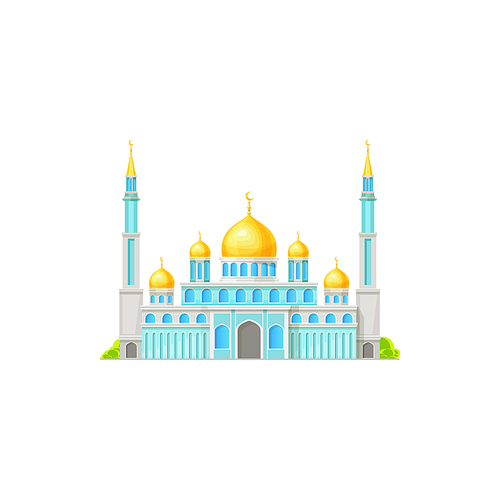 Mosque building icon, Muslim and Islam religion architecture, vector. Arabian or Egyptian Islamic mosque, Allah and Koran holy place, Muslim religious culture and worship shrine