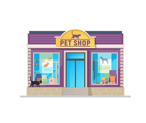 Pet care and food shop building. Vector store facade with animals items behind of wide glass showcase. Cats and dogs production, feed packages, collars and toys. Pet house isolated cartoon exterior