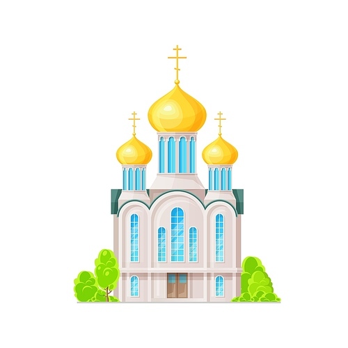 Orthodox church, temple or cathedral building icon. Vector Christianity religion and religious architecture design. Church building with gold onion domes, crosses, bell tower and chapels